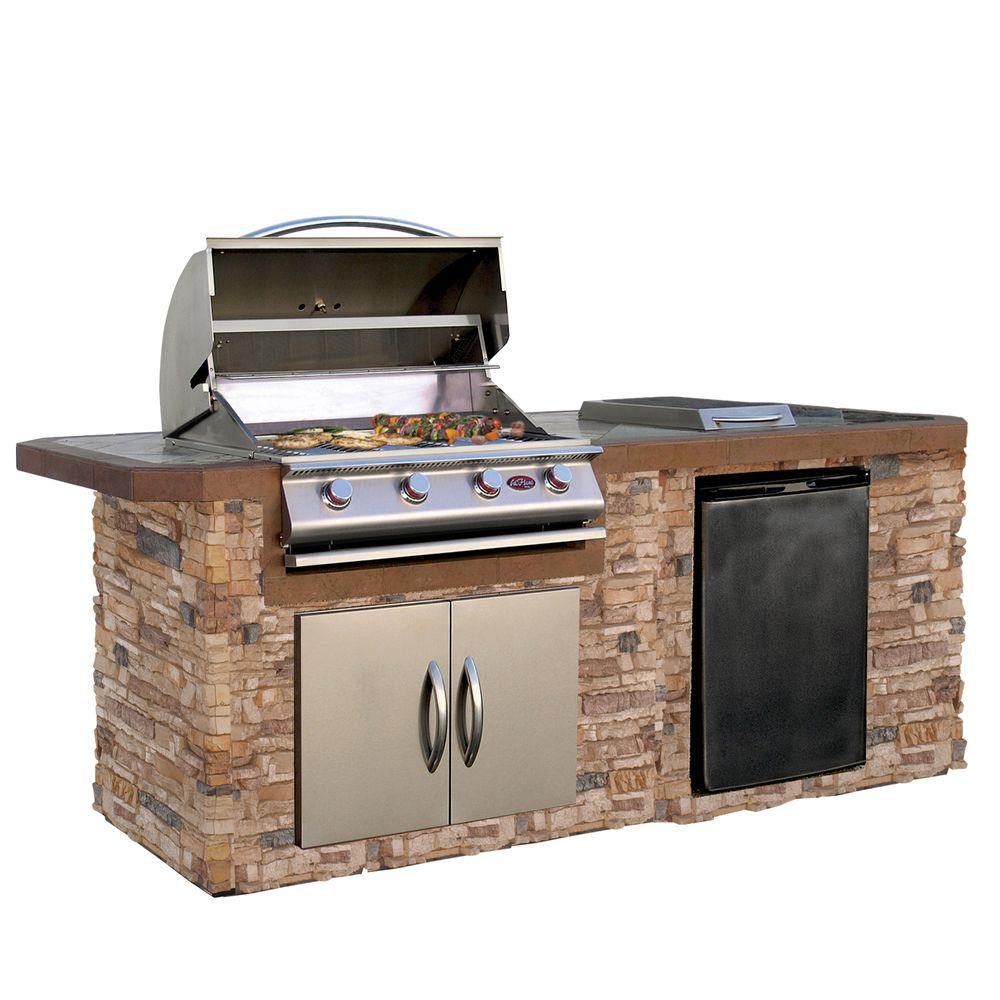 Cal Flame 7 foot BBQ Grill Island with P4 Four Burner Gas Grill, Fridge, Rotisserie Kit BBK - 710 - Viva Alfresco