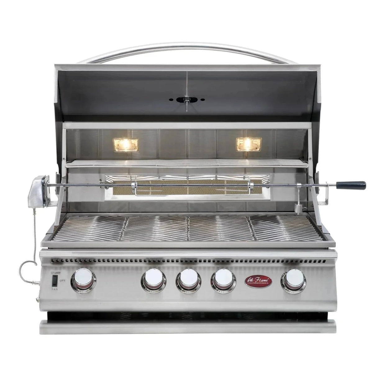 Cal Flame 7 foot BBQ Grill Island with P4 Four Burner Gas Grill, Fridge, Rotisserie Kit BBK - 710 - Viva Alfresco