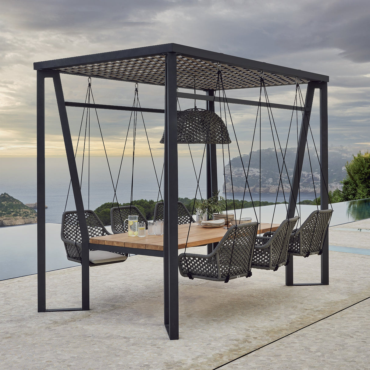 Horizon Pergola with Lamp, Hanging Chairs & Teak Table - Viva Alfresco